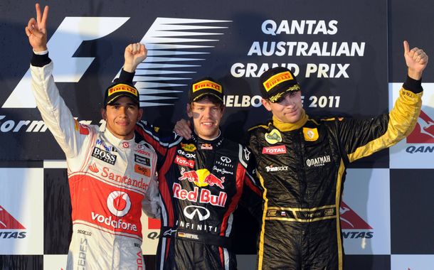 Hamilton, Vettel e Petrov comemorando a vitória no GP da Austrália