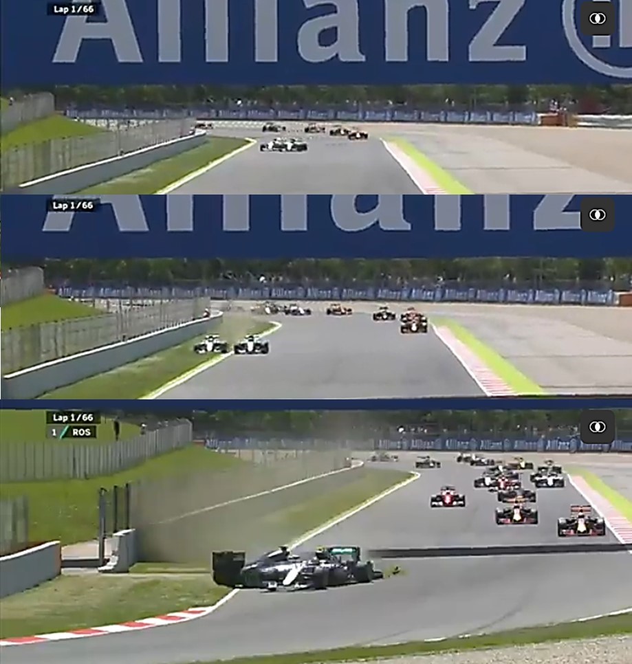 A sequencia que tirou os dois pilotos da Mercedes da prova. 